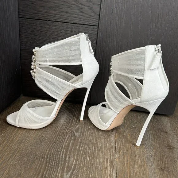 Casadei White Suede Organze Sandal Heel - Picture 1 of 8